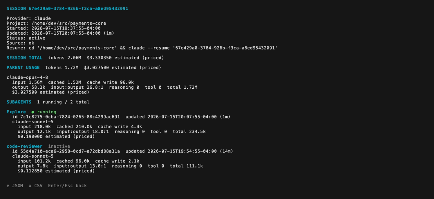 Tokenhawk session detail showing parent and subagent token usage