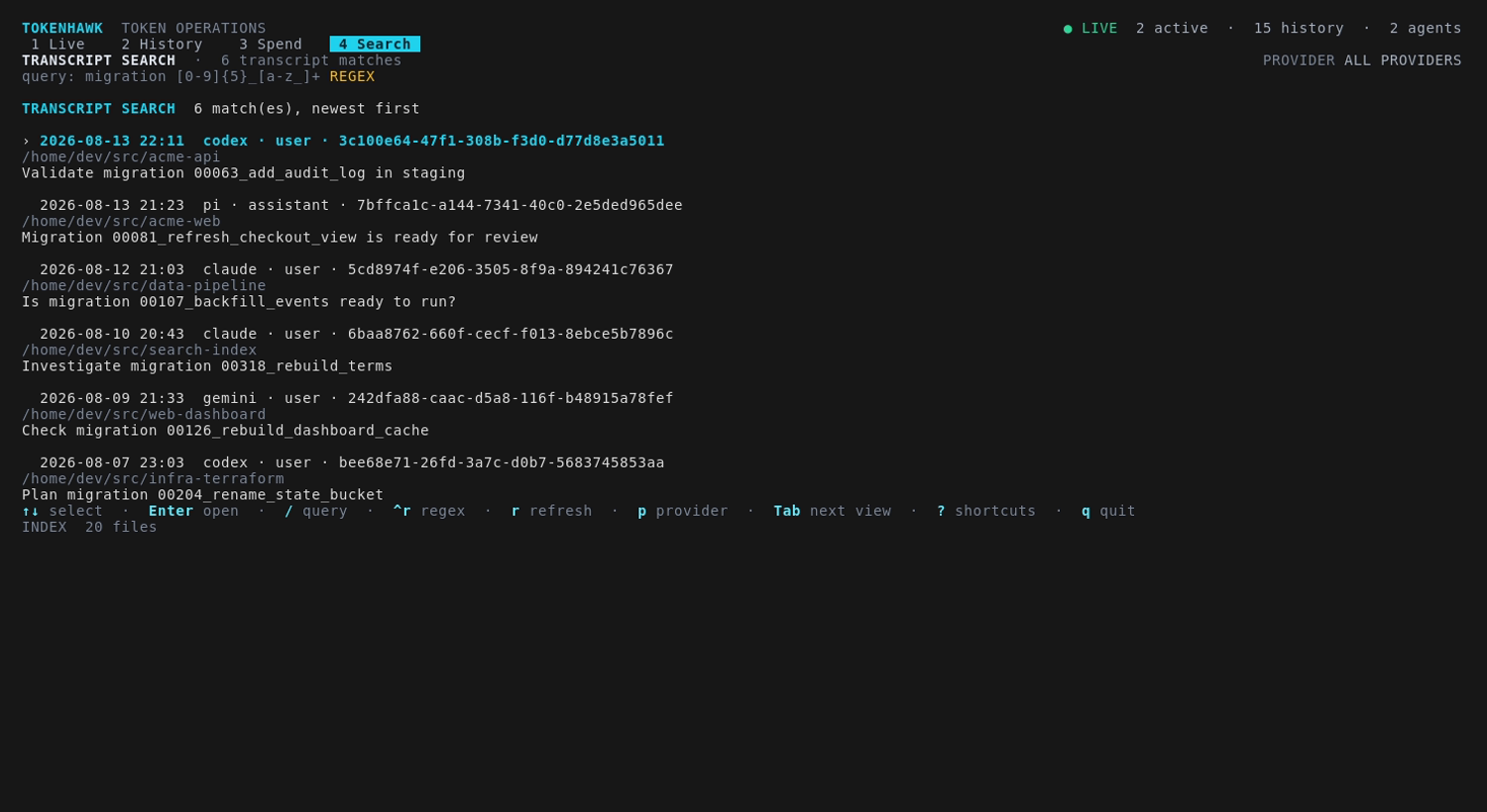 Tokenhawk transcript search using regular expression across sessions